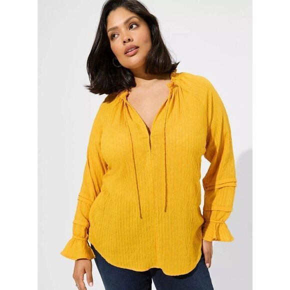 NWT TORRID STRIPE GAUZE LACE-UP PEASANT TOP Mustard Thanksgiving 2XL Womens - Picture 1 of 5